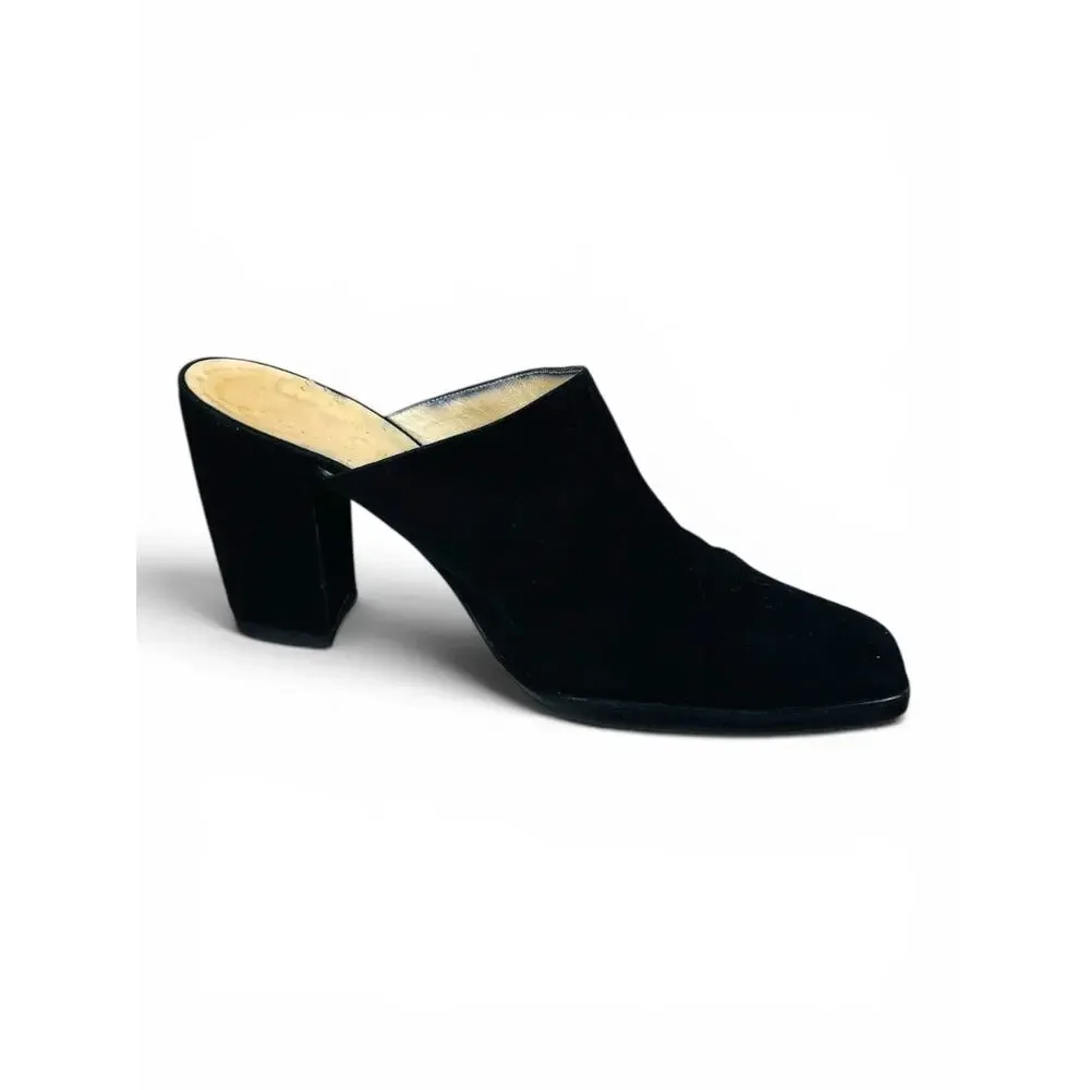 Chanel Vintage CC Logo Black Suede Block Heel Mules 35.5 Square Toe Slides Italy